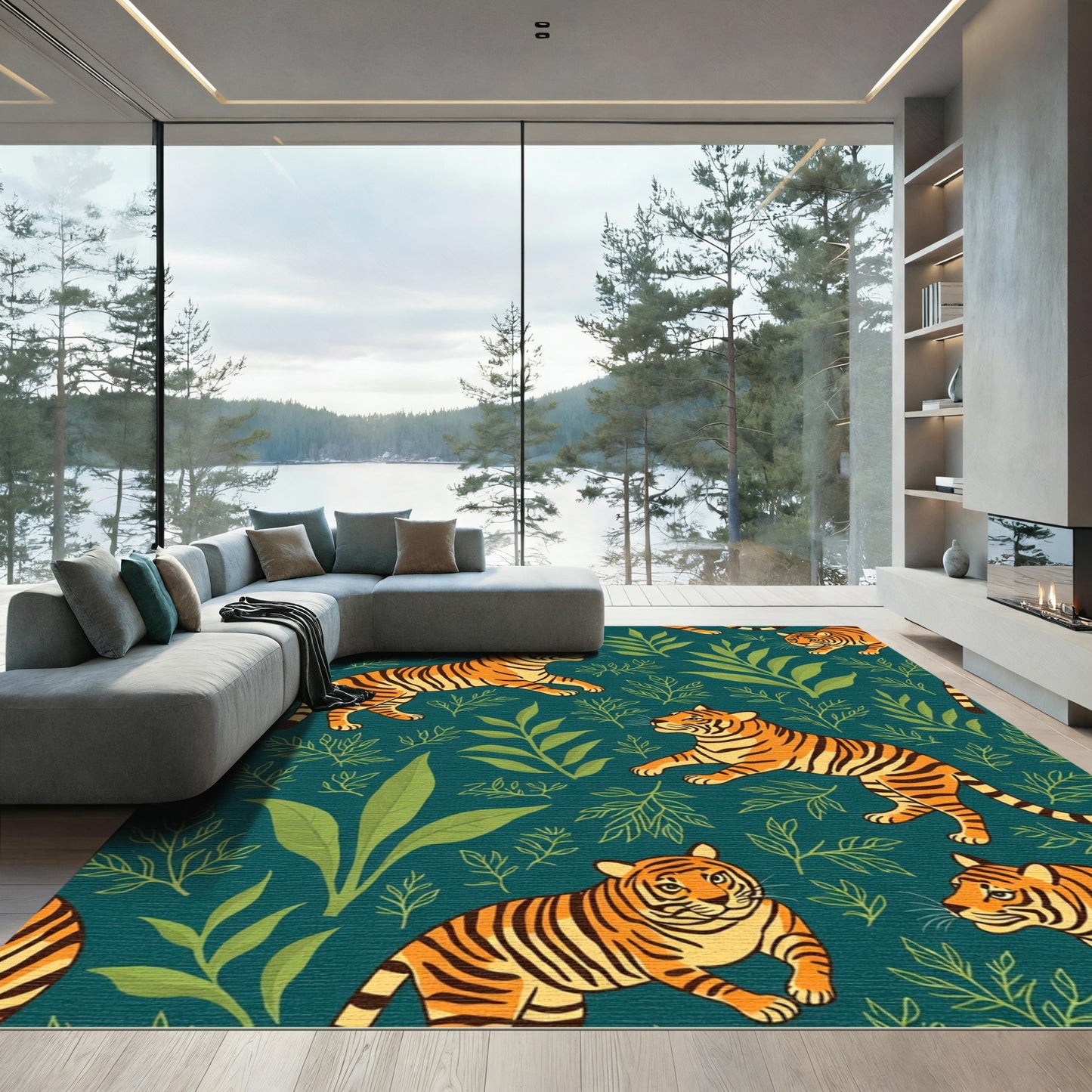 Orange Tigers Green Jungle Ferns Rug
