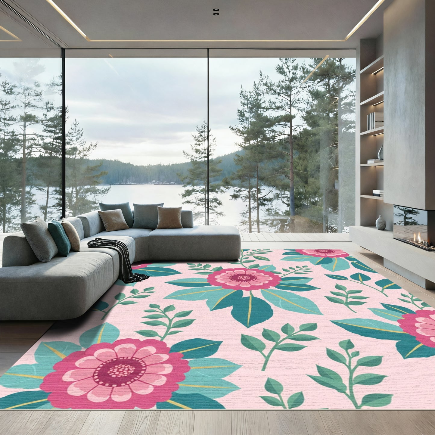 Pink Bloom Leafy Garden Rug
