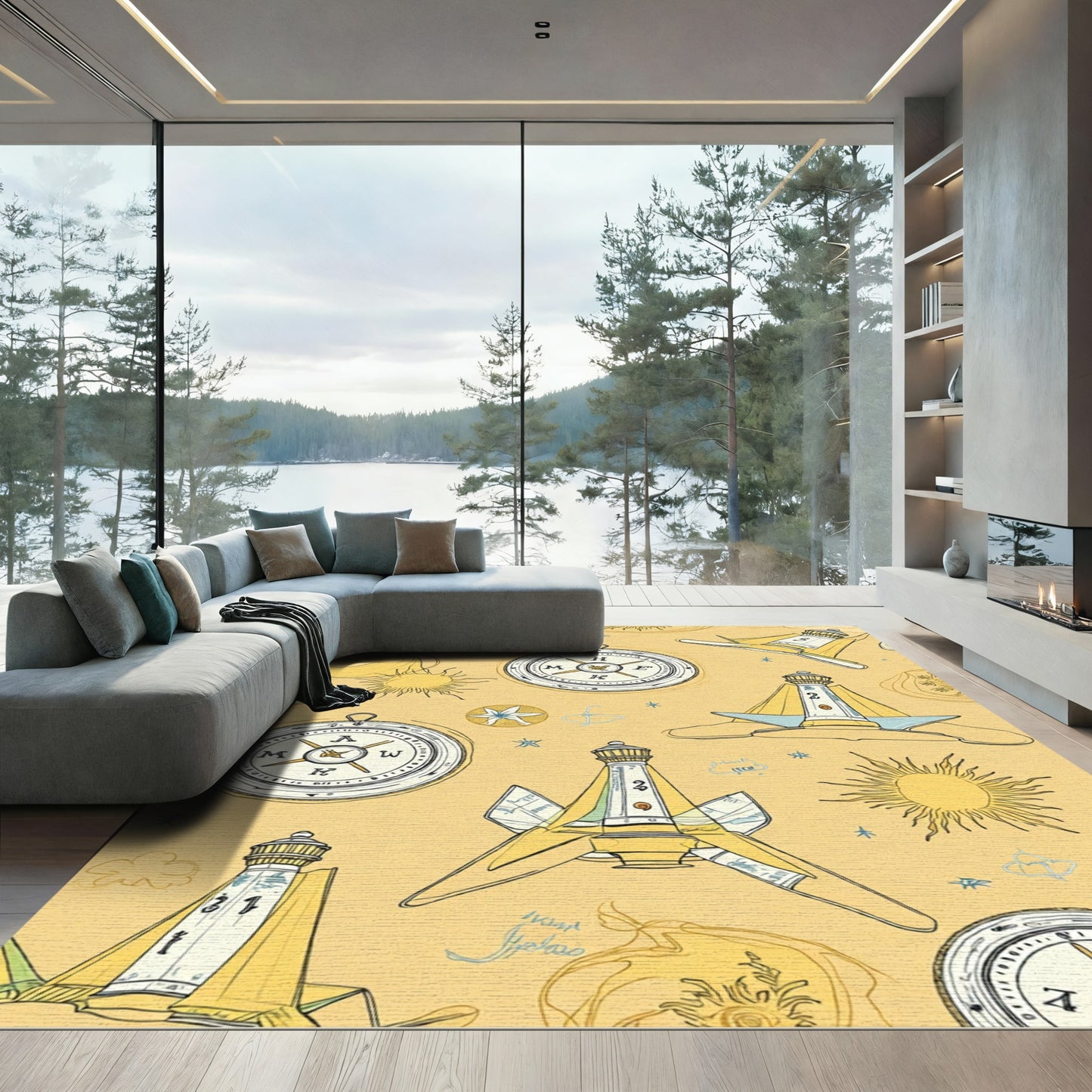 Nautical Lighthouses And Compasses Whimsical Print Rug
