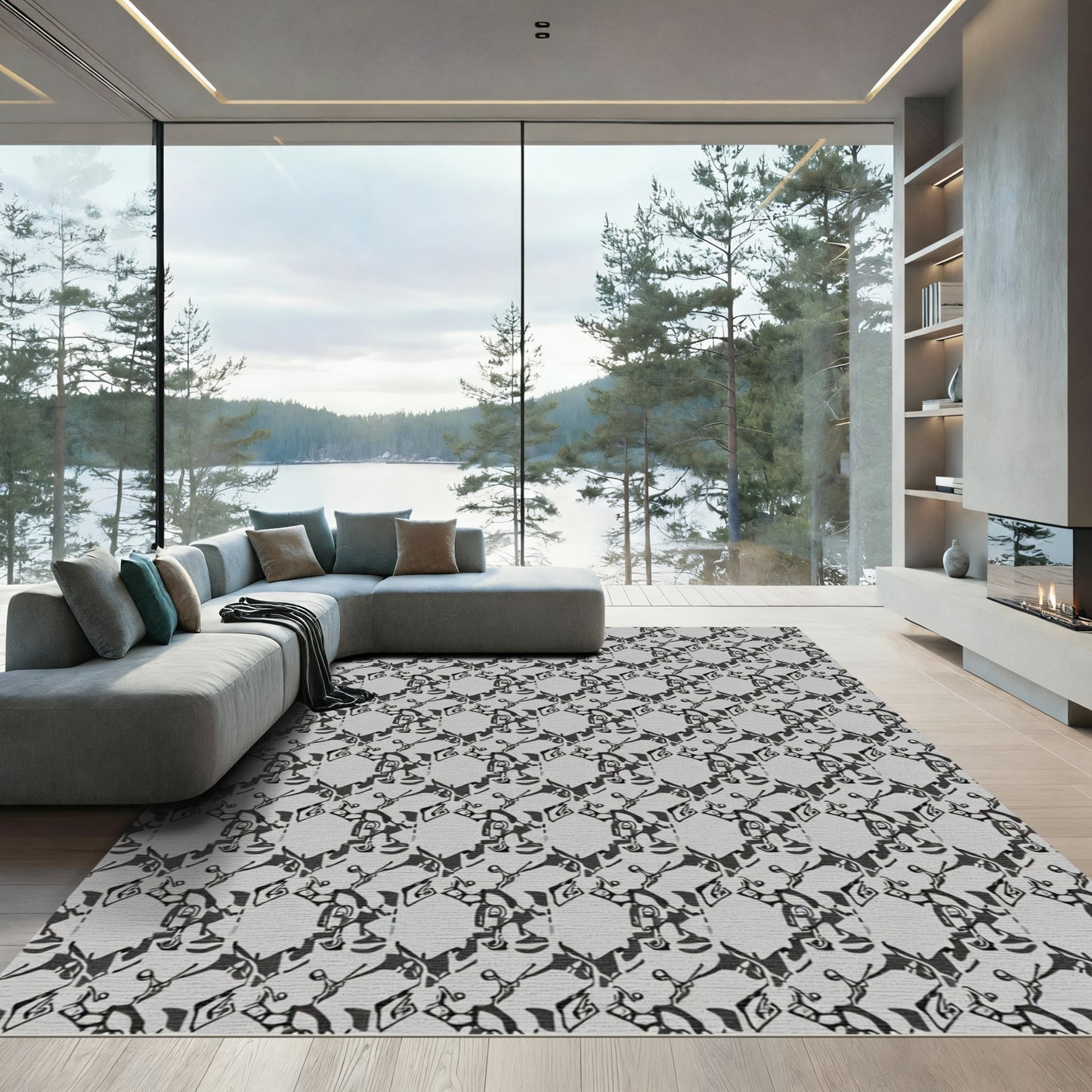 Gray Black Abstract Hexagonal Forms Rug