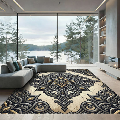 Ornate Gold and Gray Swirl Medallion Rug