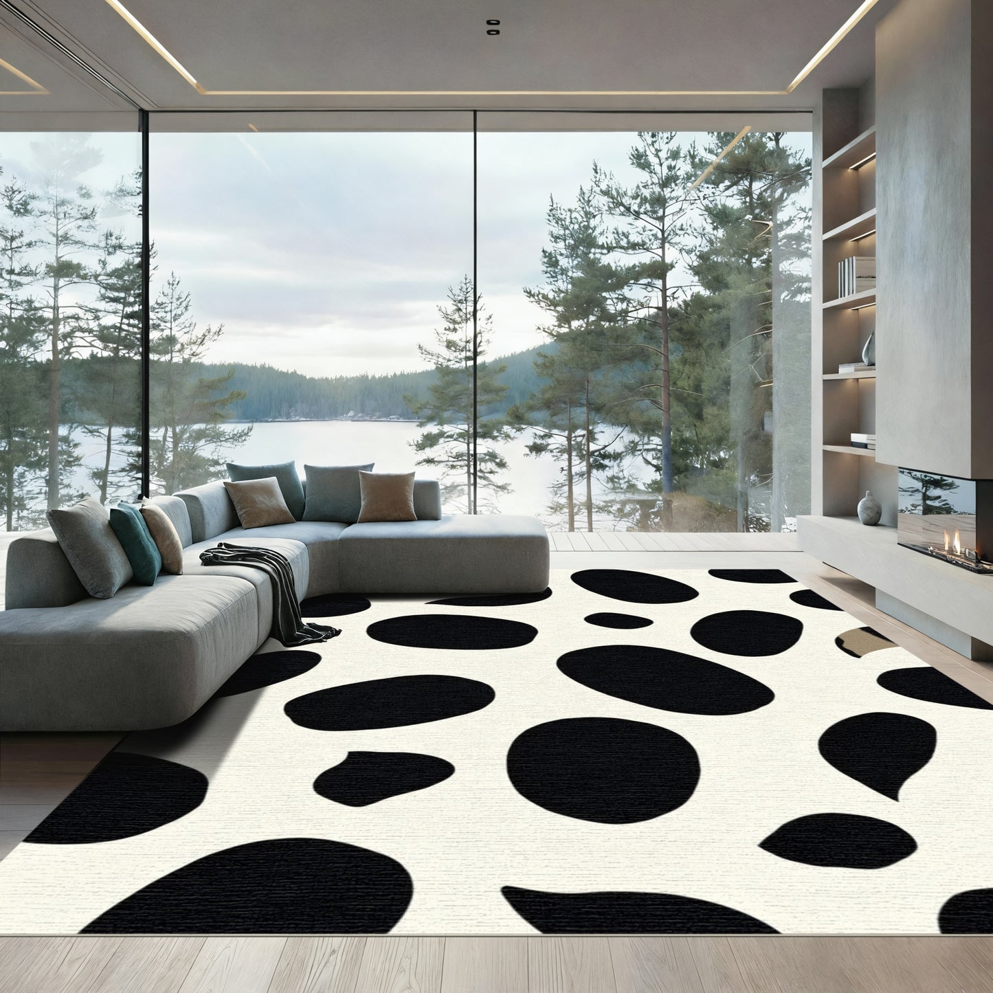 White Black Spotty Organic Shapes Rug