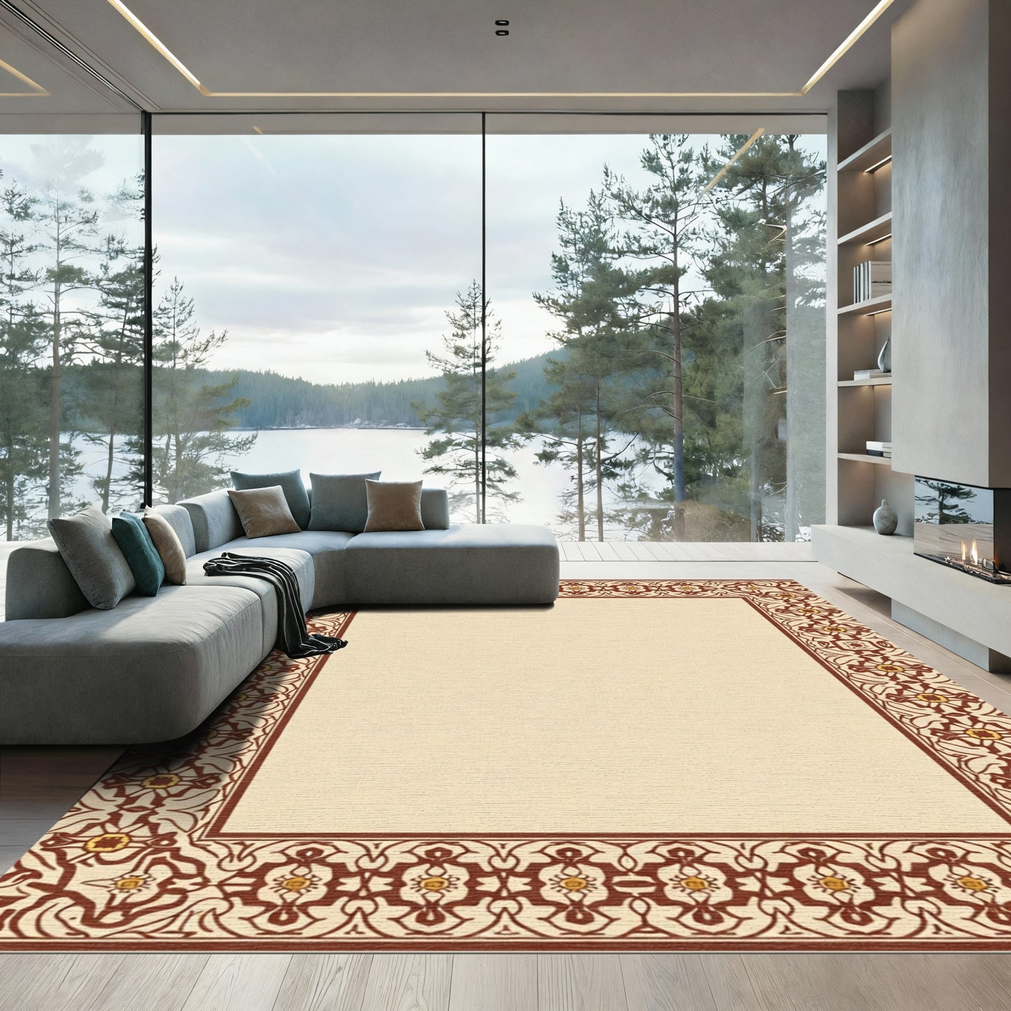 Ornate Brown Golden Floral Border Rug
