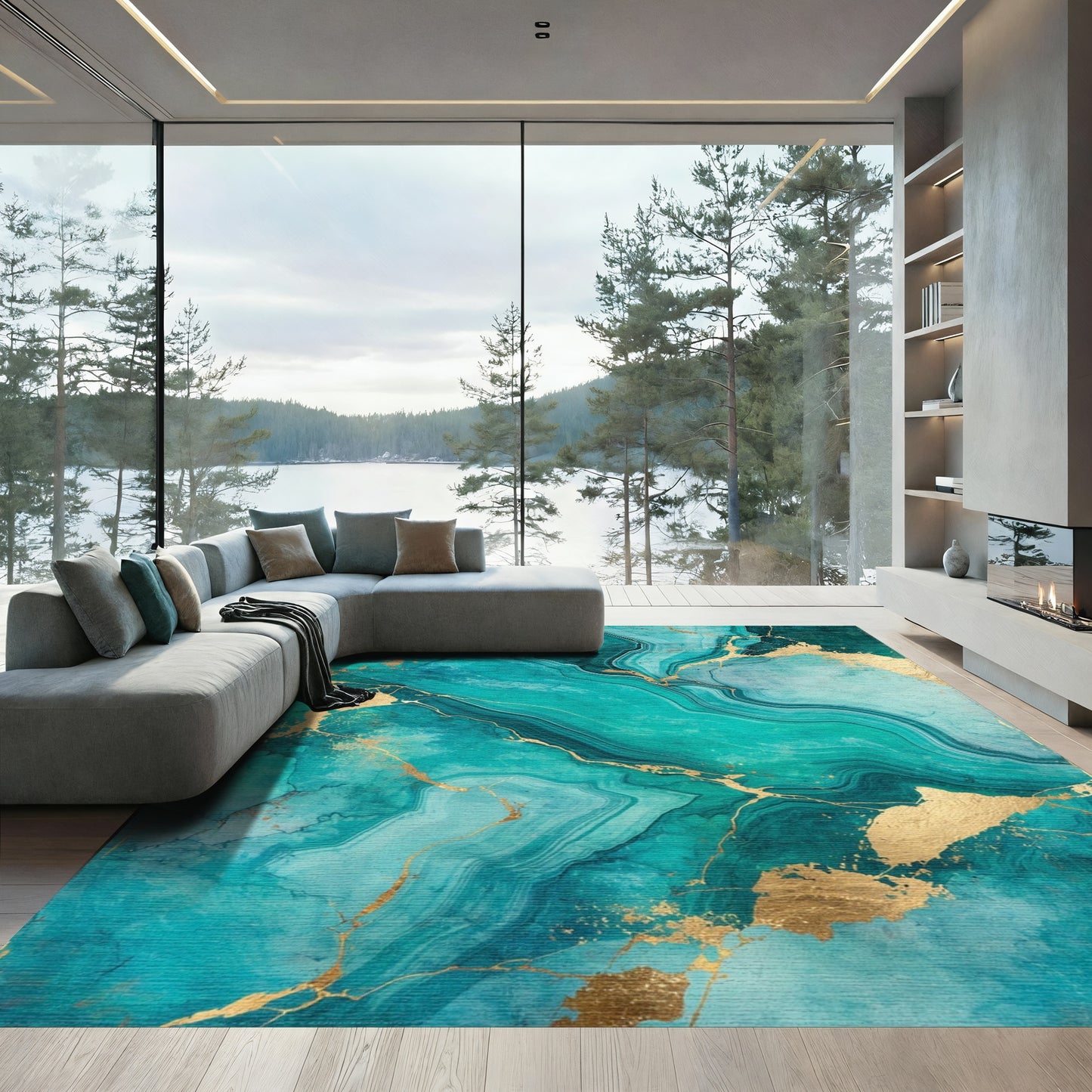 Teal Gold Veined Marble Rug