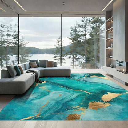 Teal Gold Veined Marble Rug
