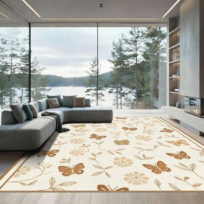 Cream and Brown Butterfly Floral Arrangement Rug