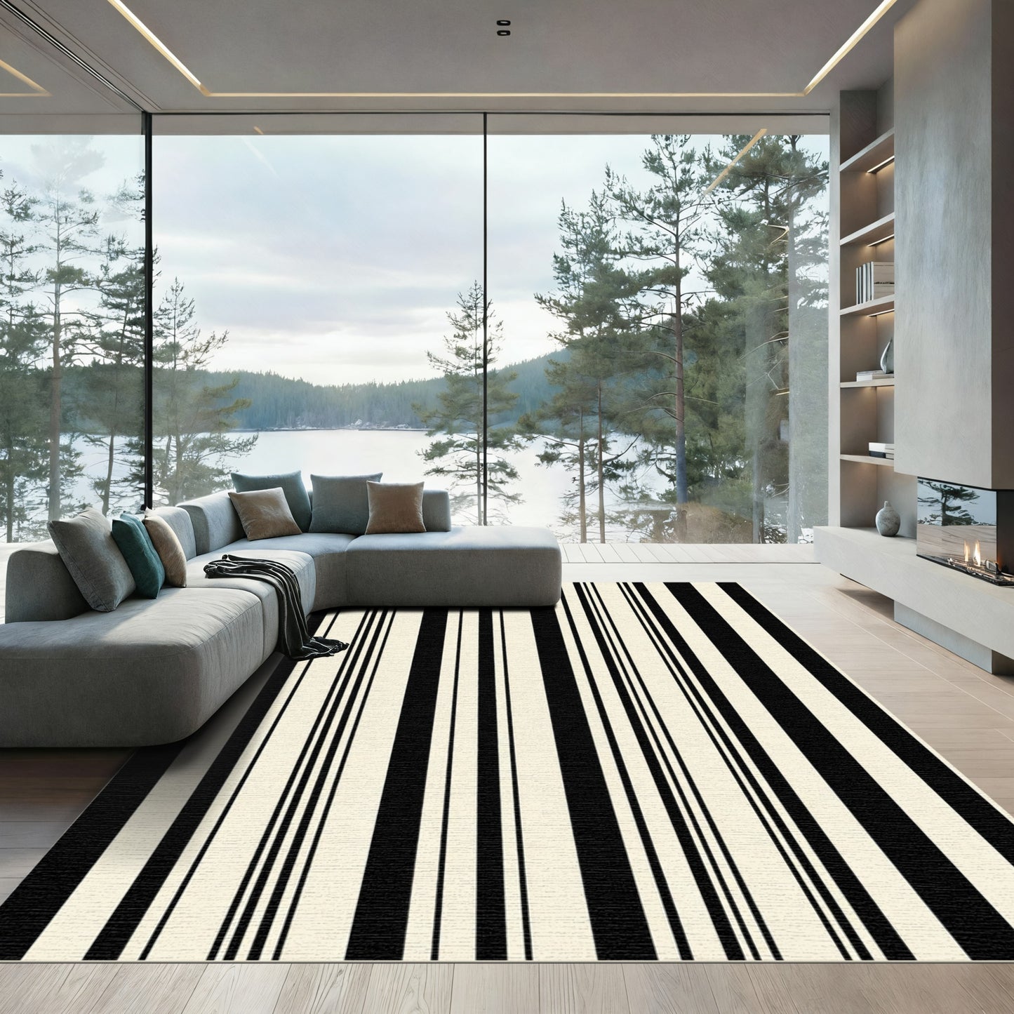 Vertical Black and Cream Lines Rug