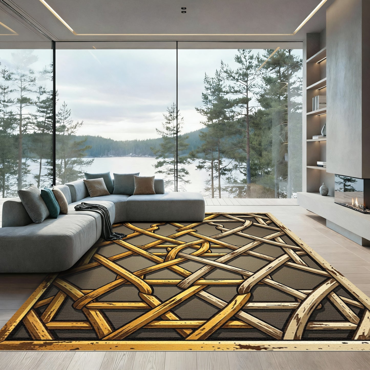 Golden Woven Interlace Geometric Rug