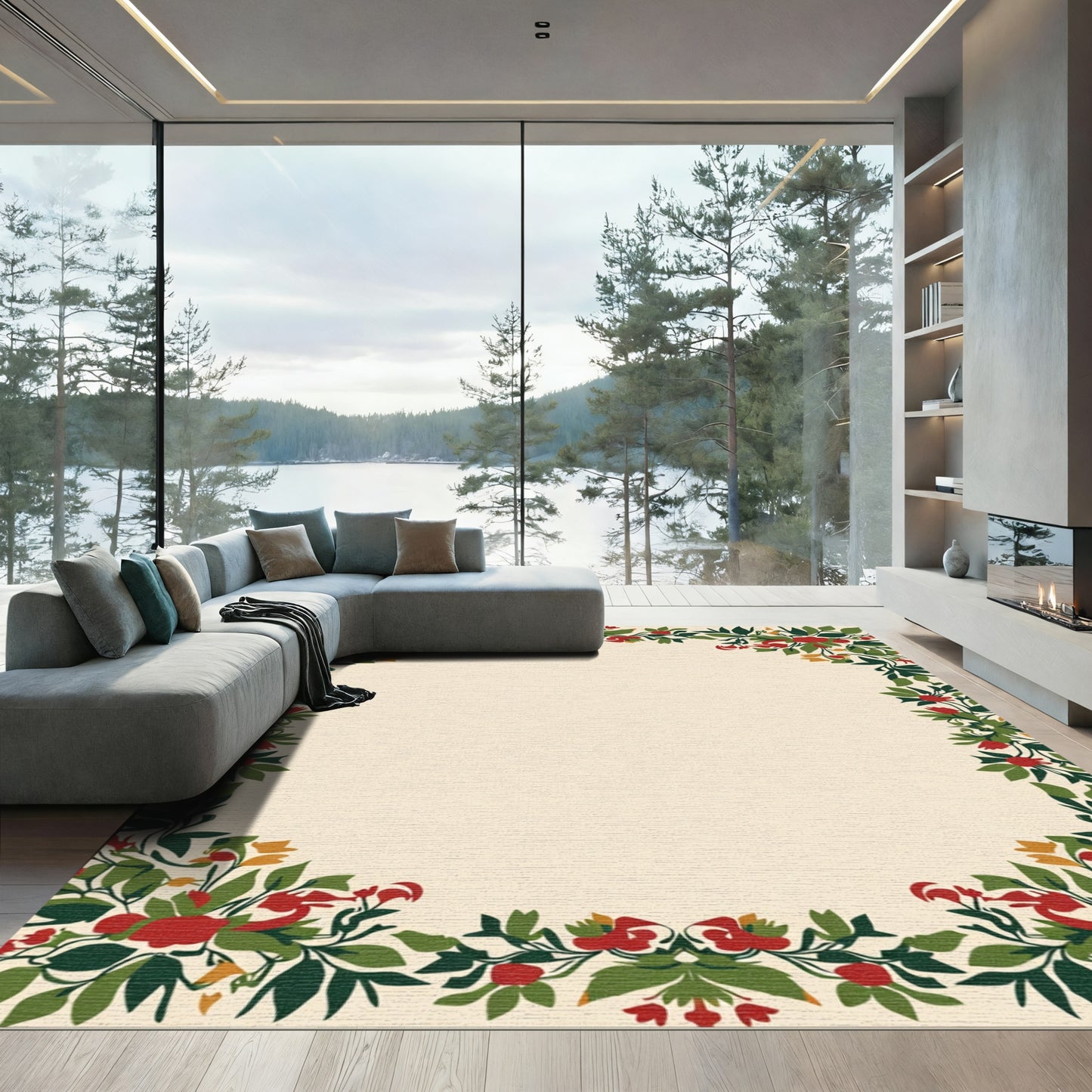 Crimson Floral Vines Border Rug