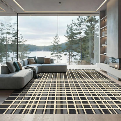 Neutral Beige Wide Plaid Grid Rug
