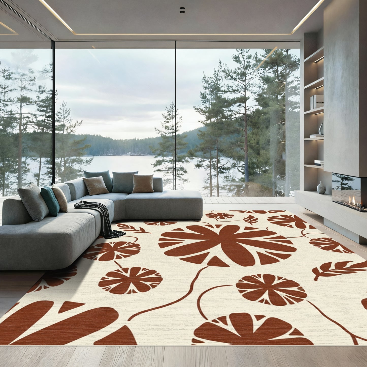Terracotta Floral Vine Silhouette Rug