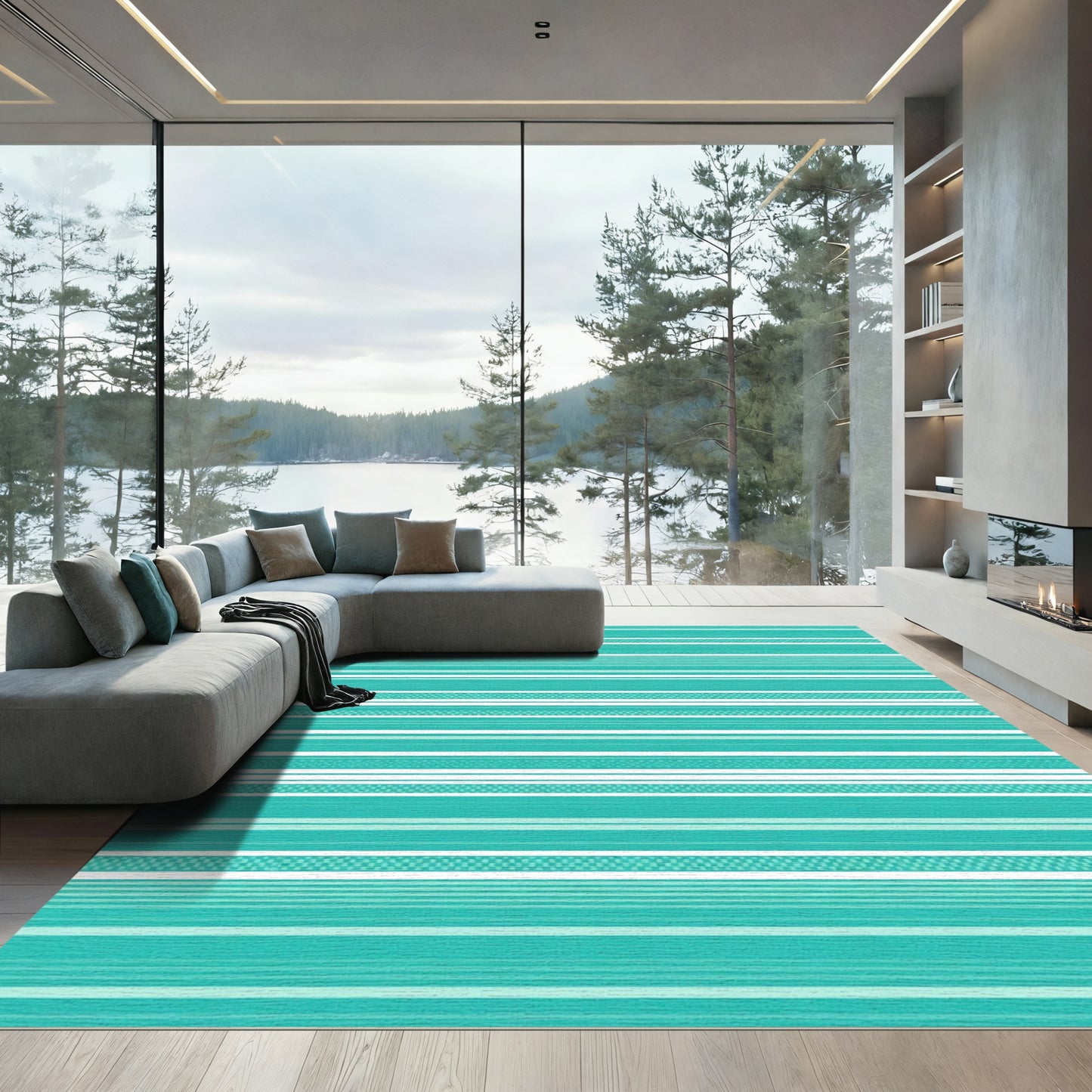 Teal Aqua White Striped Contemporary Rug