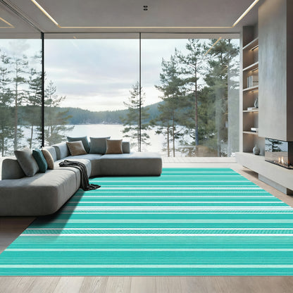 Teal Aqua White Striped Contemporary Rug