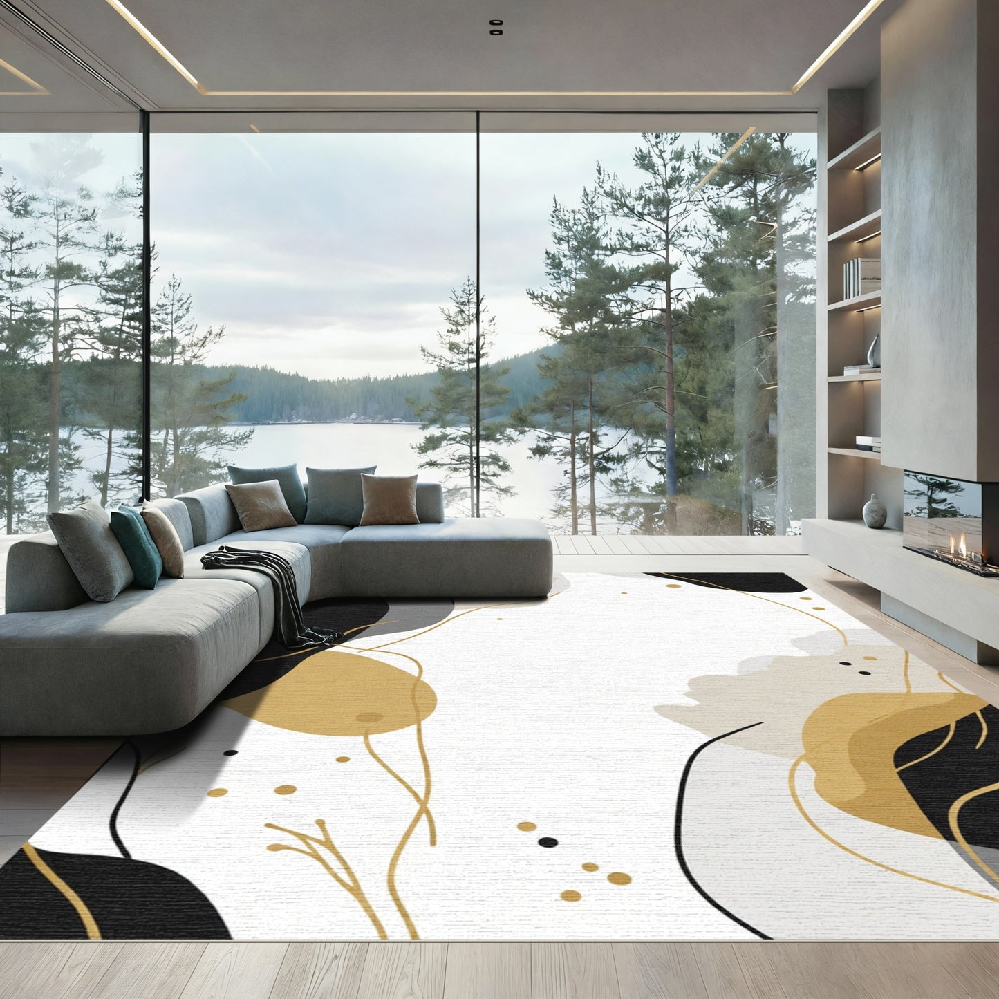 Abstract Gold Black Gray Organic Forms Rug