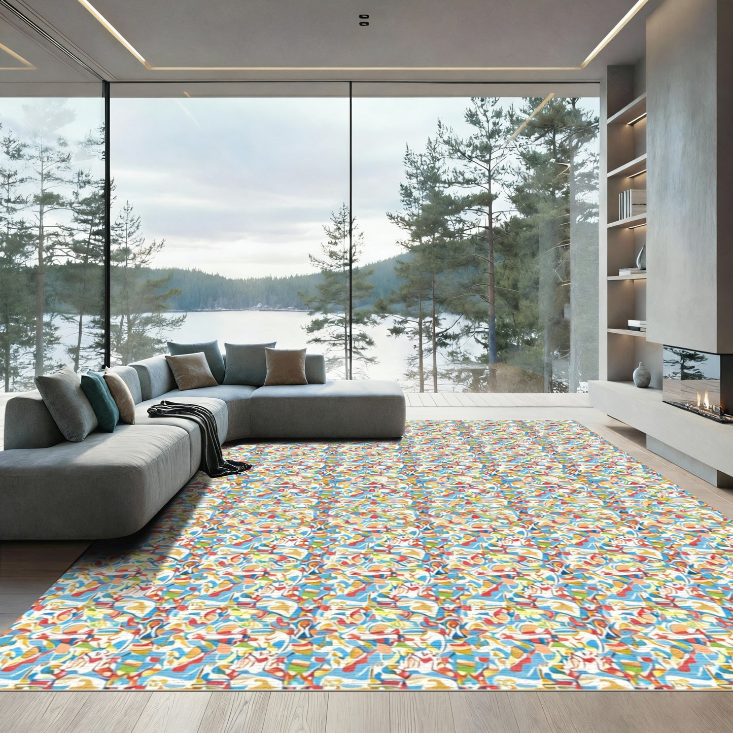Abstract Swirls Blue Yellow Red Rug