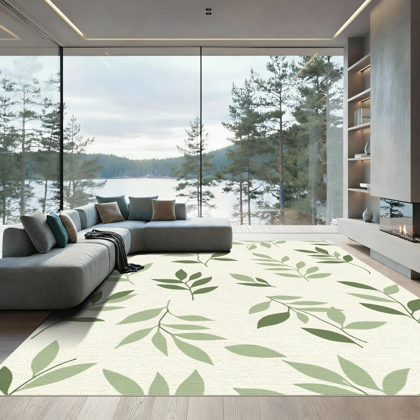 Light Green Leafy Branch Arrangement Rug