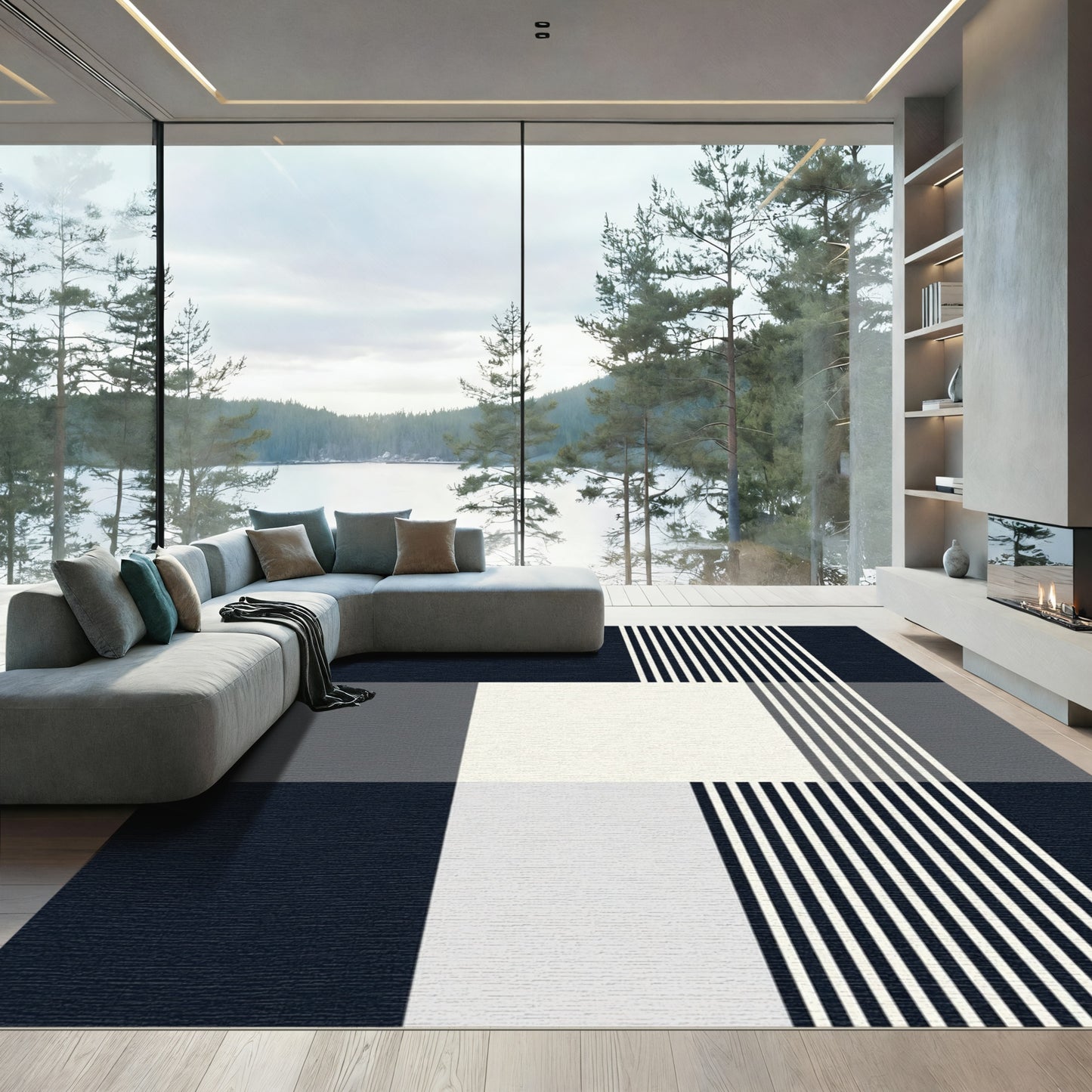 Navy White Gray Buffalo Plaid Stripes Rug