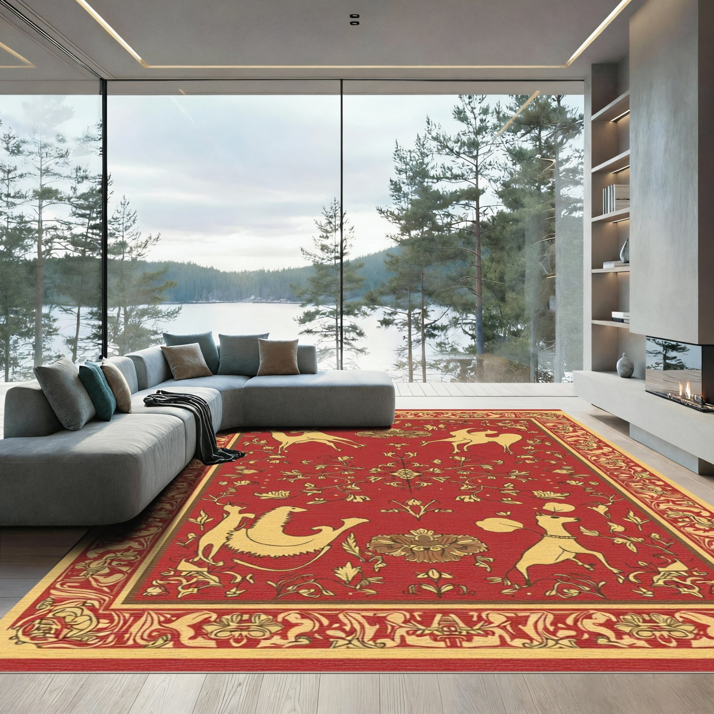 Crimson and Gold Mythical Creature Border Rug