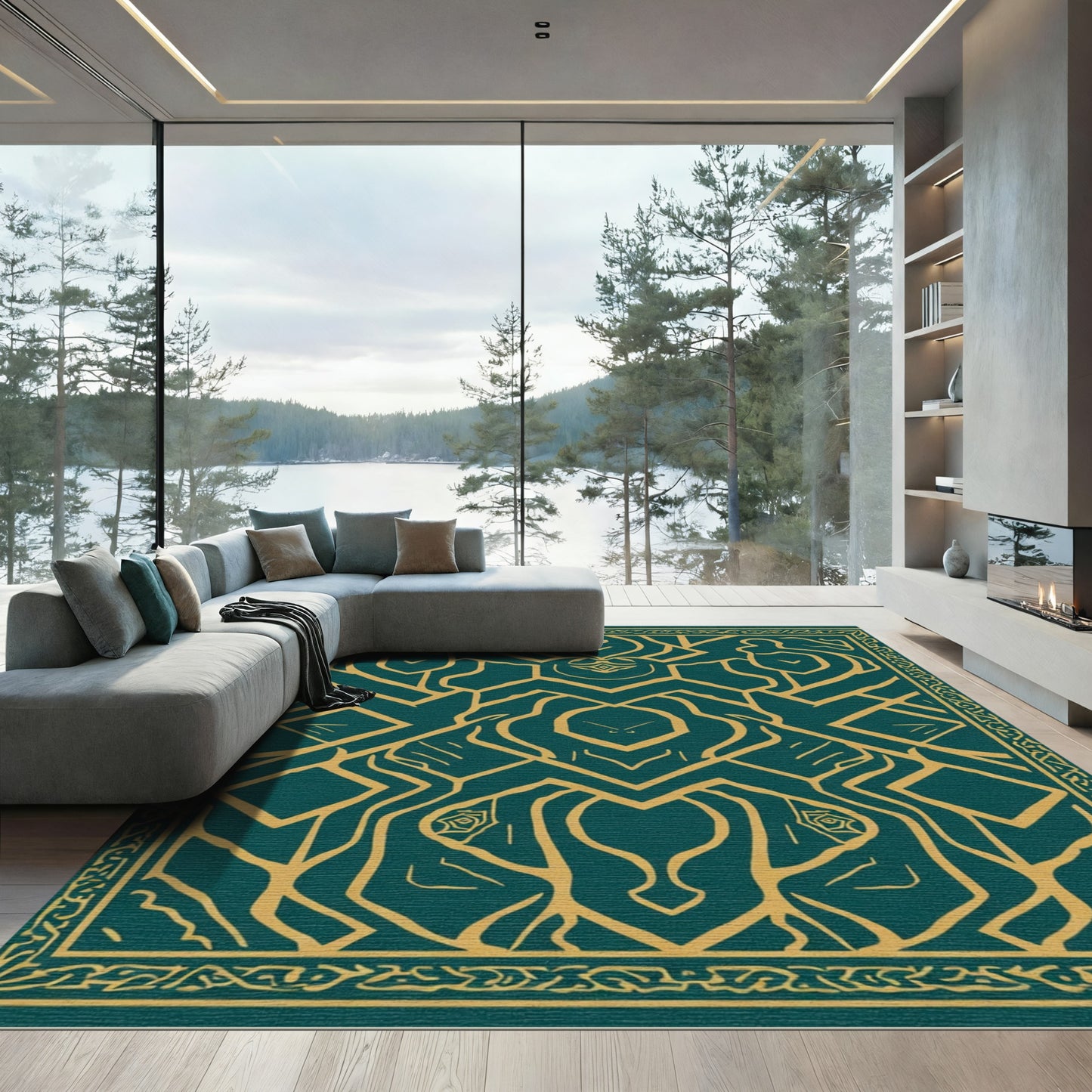 Deep Teal Gold Abstract Symmetry Rug