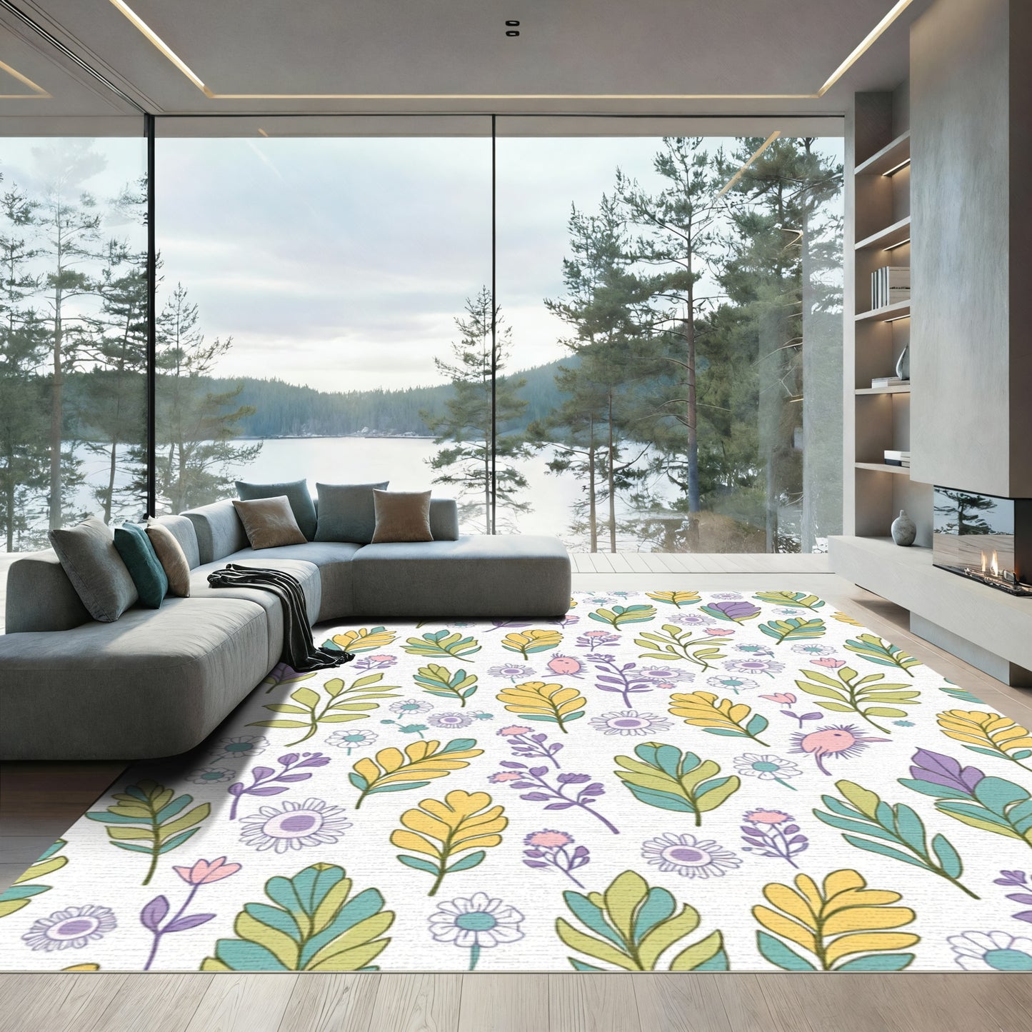 Pastel Leaf and Flower Garden Illustration Rug