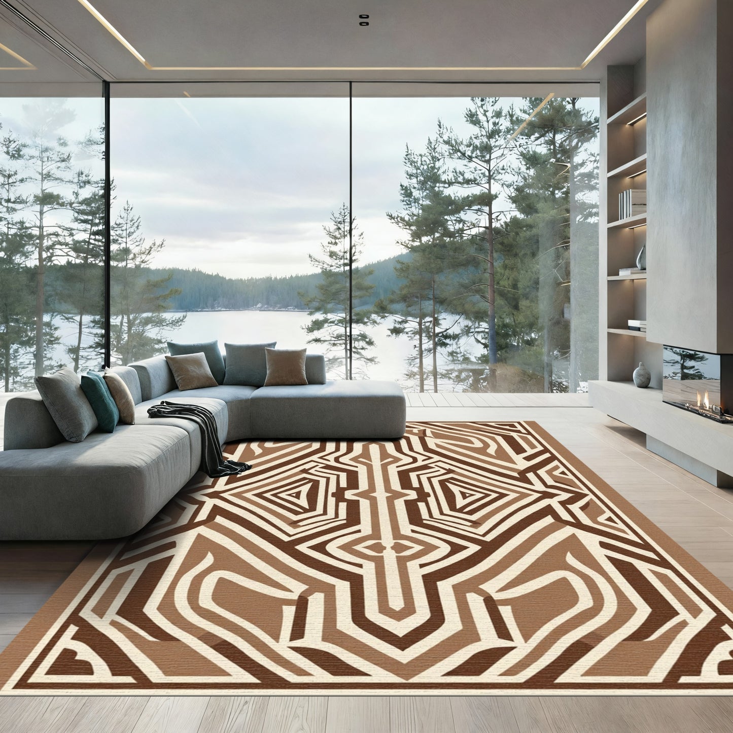 Tribal Brown Geometric Maze Rug