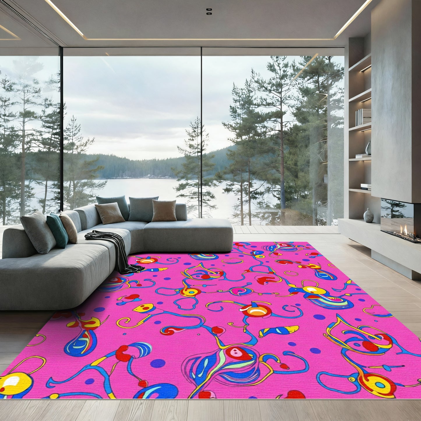 Whimsical Pink Blue Yellow Abstract Swirls Rug
