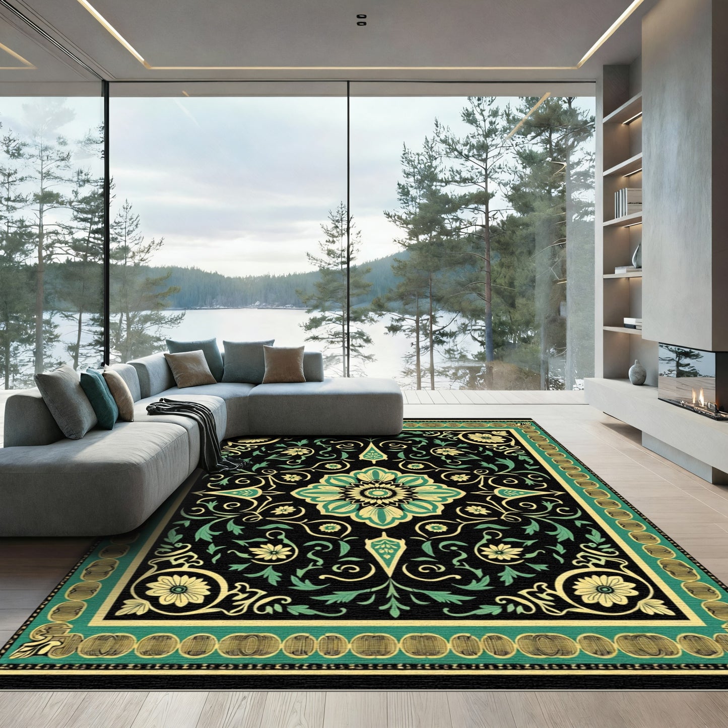 Mandala Floral Black and Gold Rug