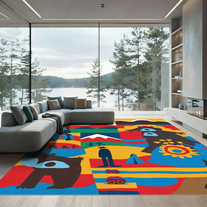 Colorful Geometric Cubist Forest Scene Rug