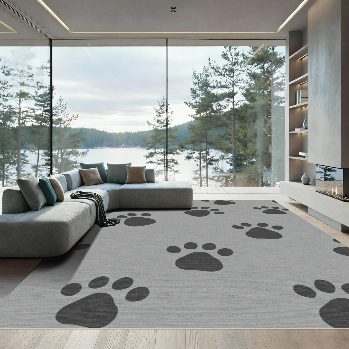 Gray Paw Print Pattern Rug