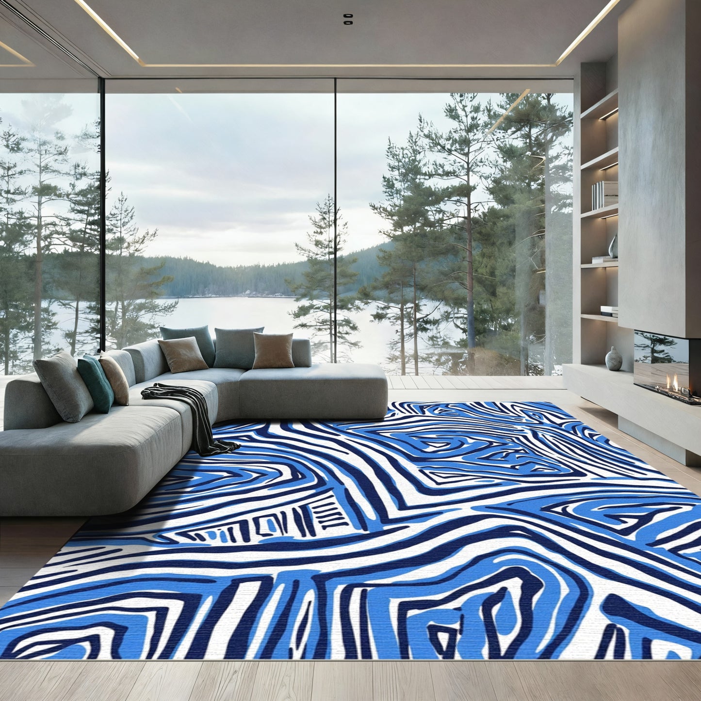 Modern Blue White Abstract Stripe Rug