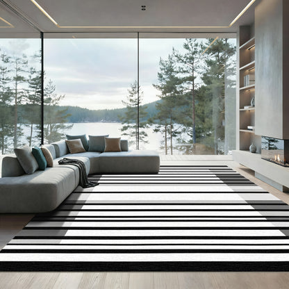 Contemporary Black White Horizontal Stripes Rug