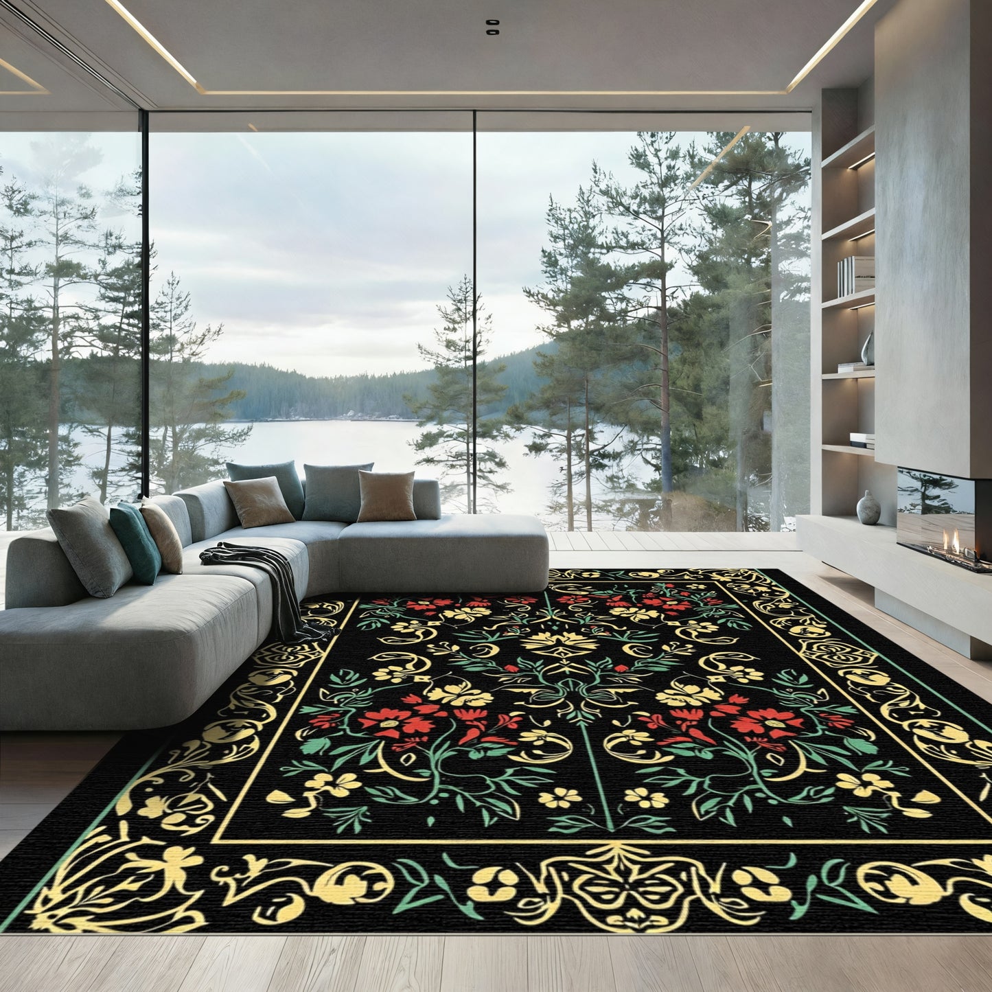 Red Yellow Floral Garden Border Rug