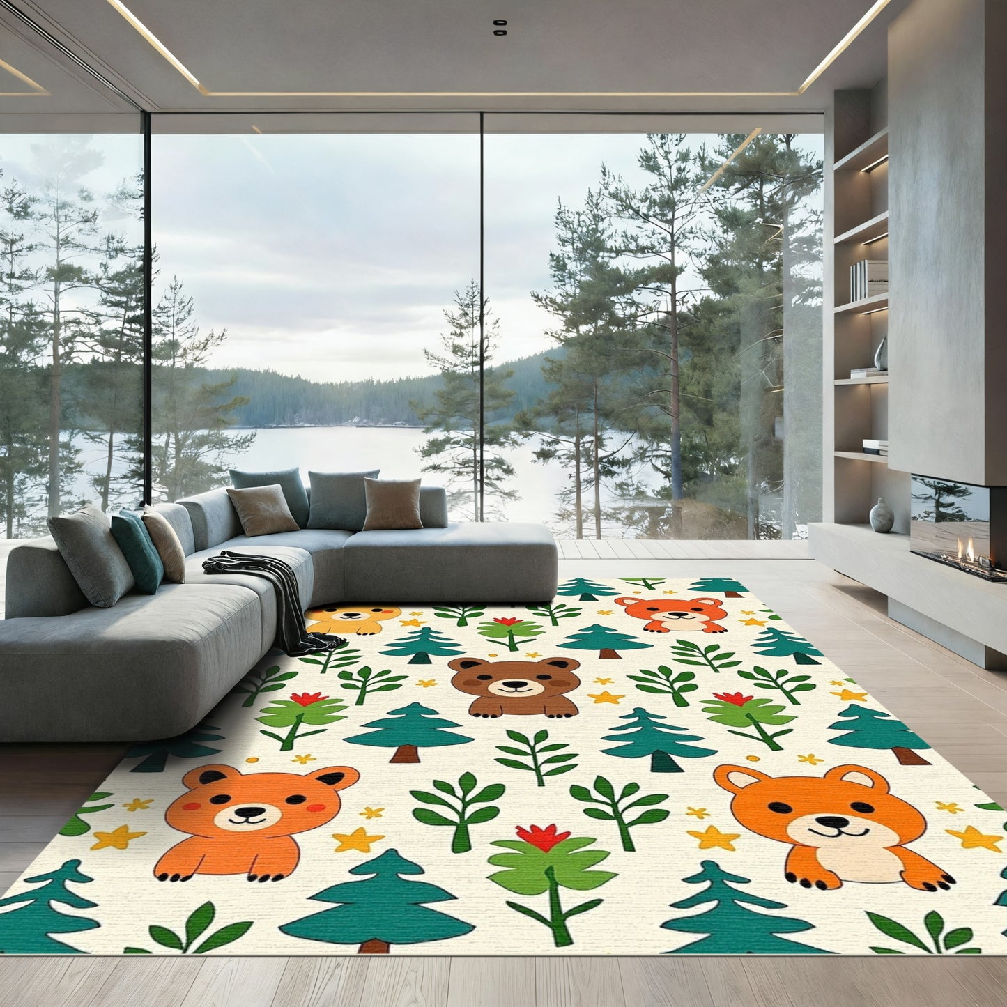 Cute Bear Forest Scene Rug