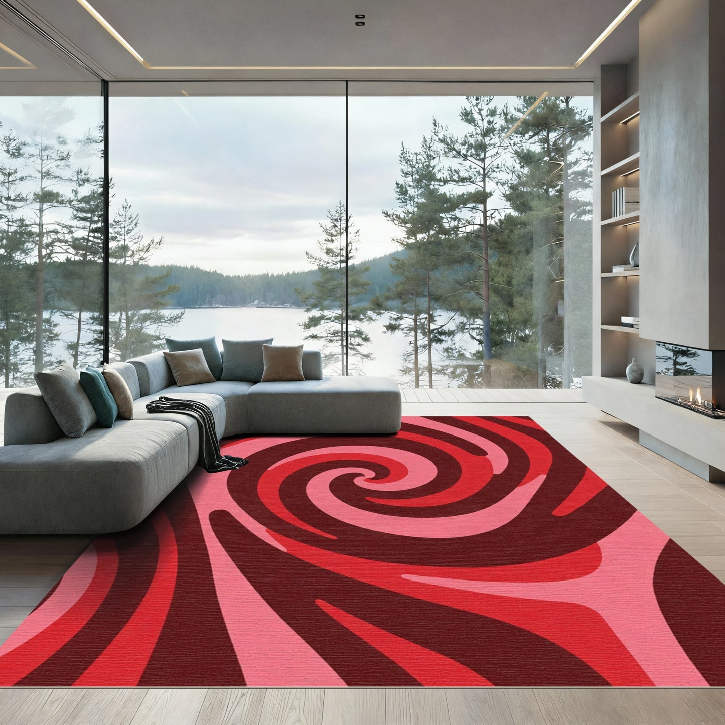 Crimson Swirl Abstract Wave Rug