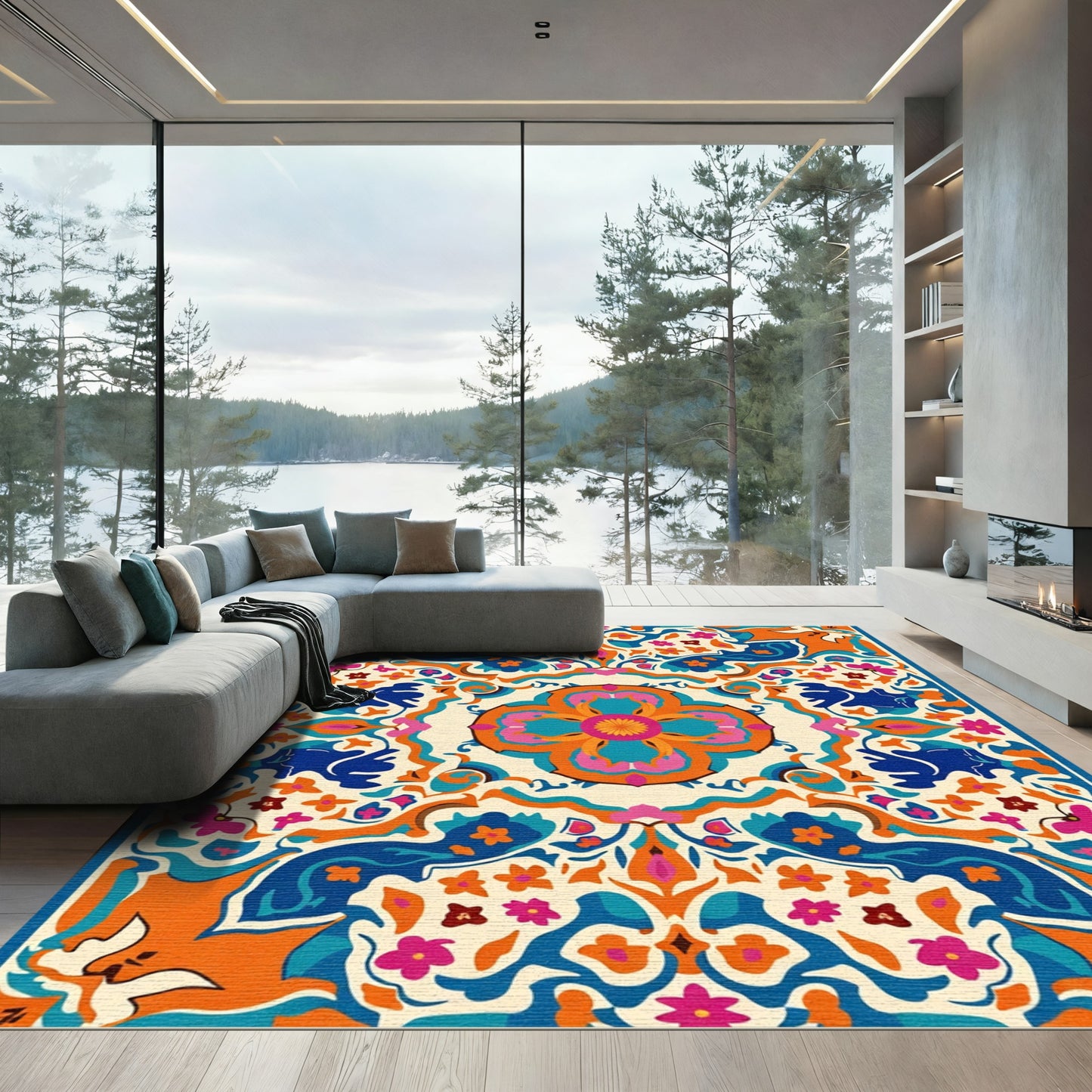 Bold Orange Blue Floral Bloom Rug