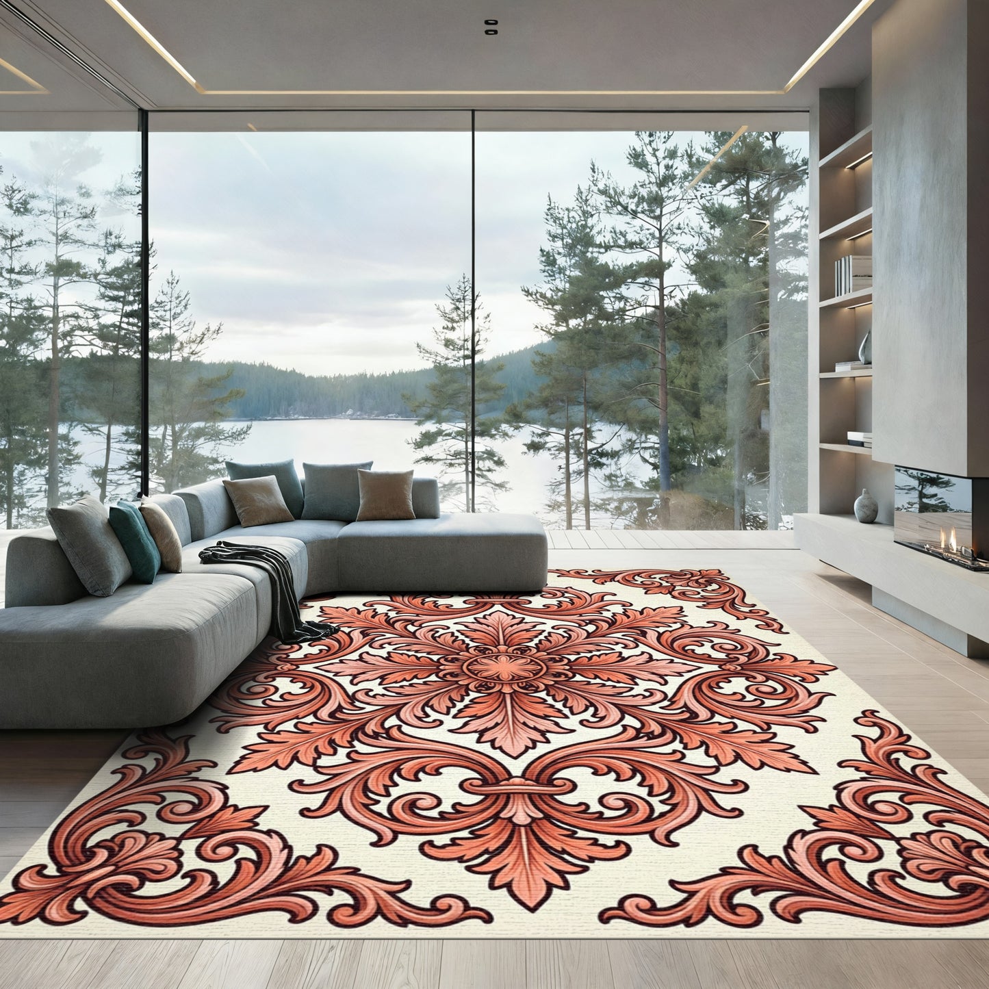 Coral Rococo Scroll Leaf Arrangement Rug