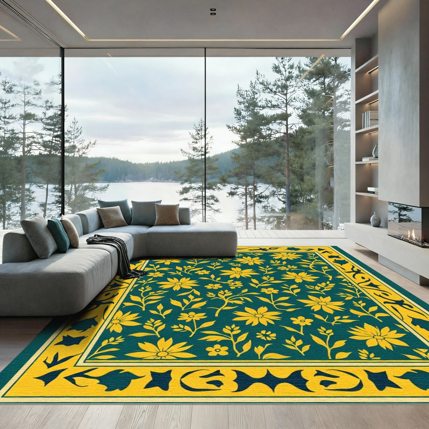 Teal Yellow Floral Branch Border Rug