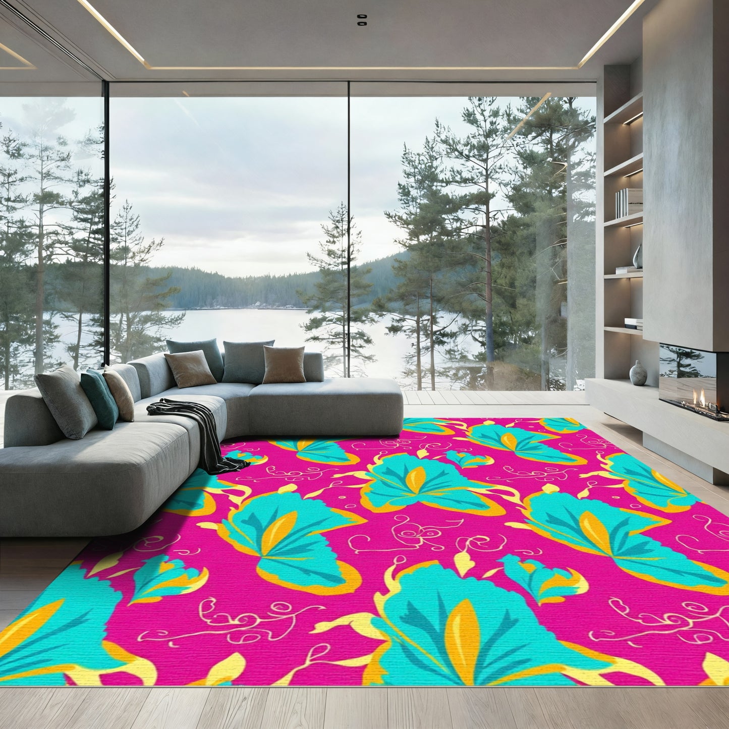 Vibrant Teal Iris Blossom Swirl Rug