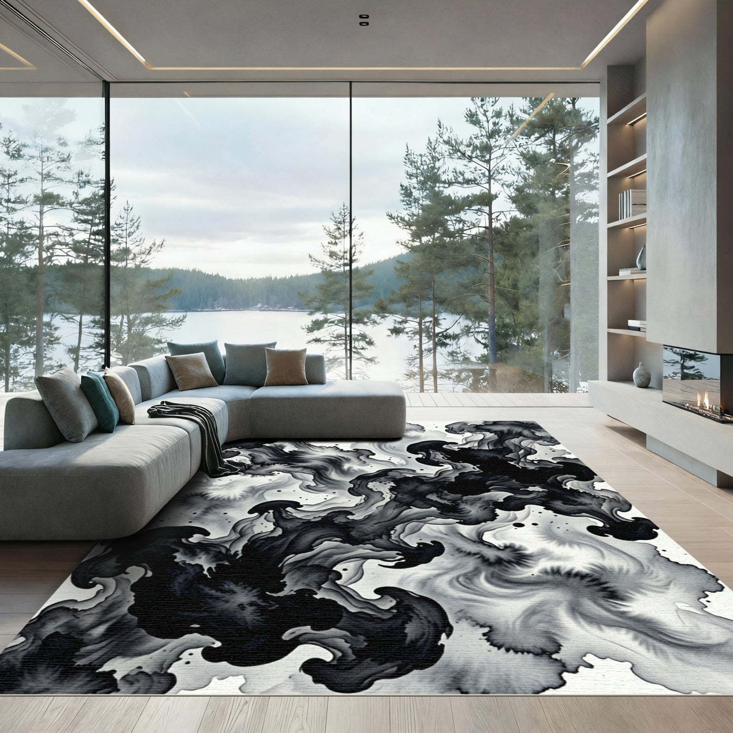 Monochromatic Swirl Ink Cloud Rug