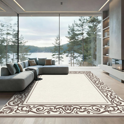 Ornate Brown Flourish Scroll Border Rug
