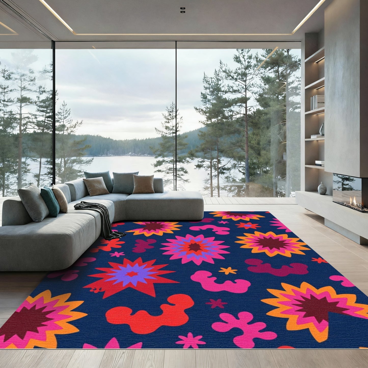 Radical Blue Burst Flower Accents Rug