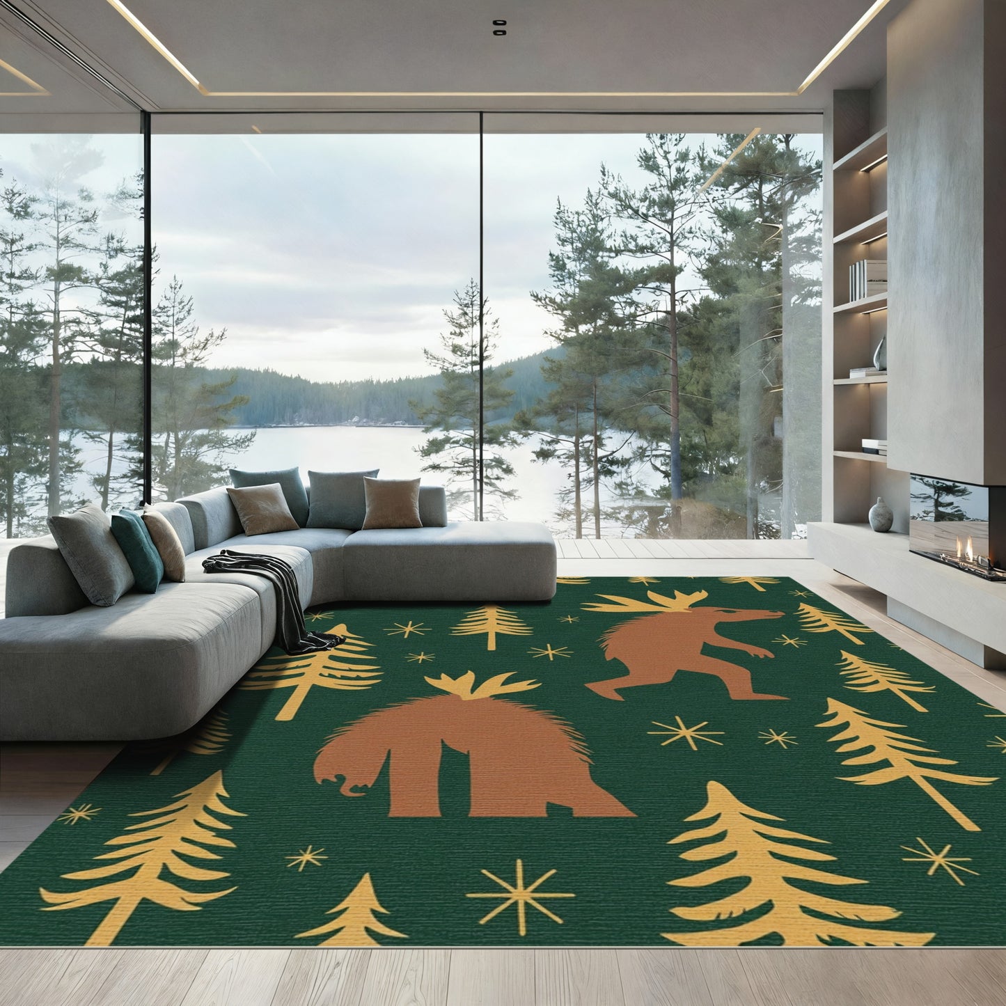 Woodland Creatures Forest Trees Emerald Gold Rug