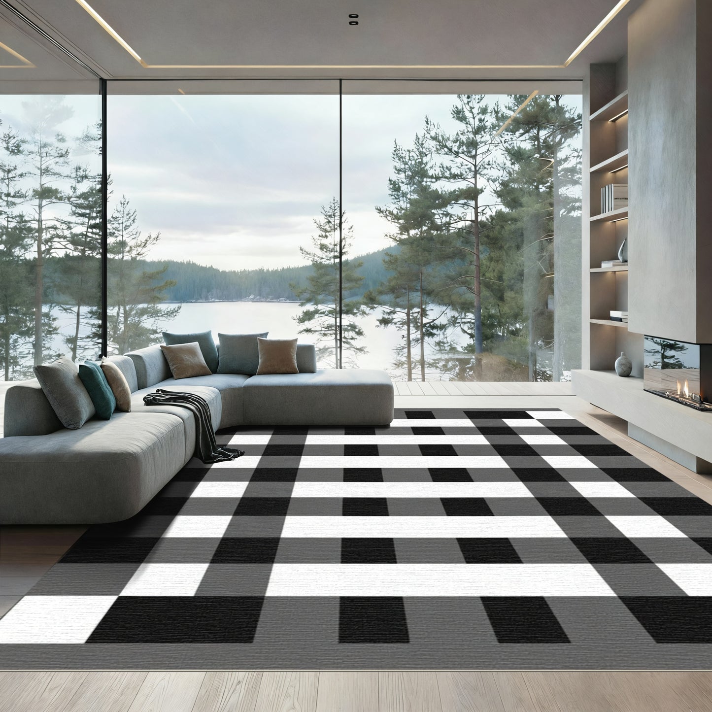 Monochromatic Plaid Grid Rug