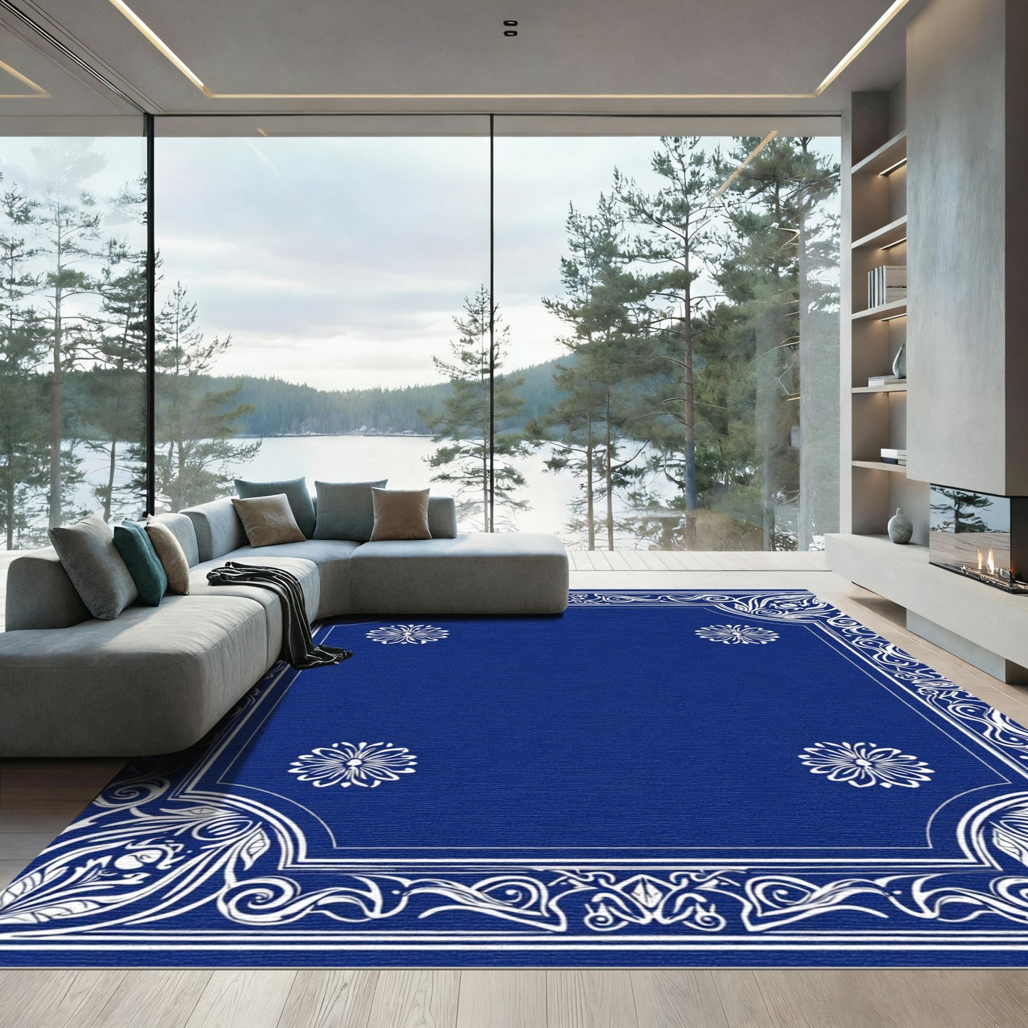 Cobalt White Floral Border Medallion Rug