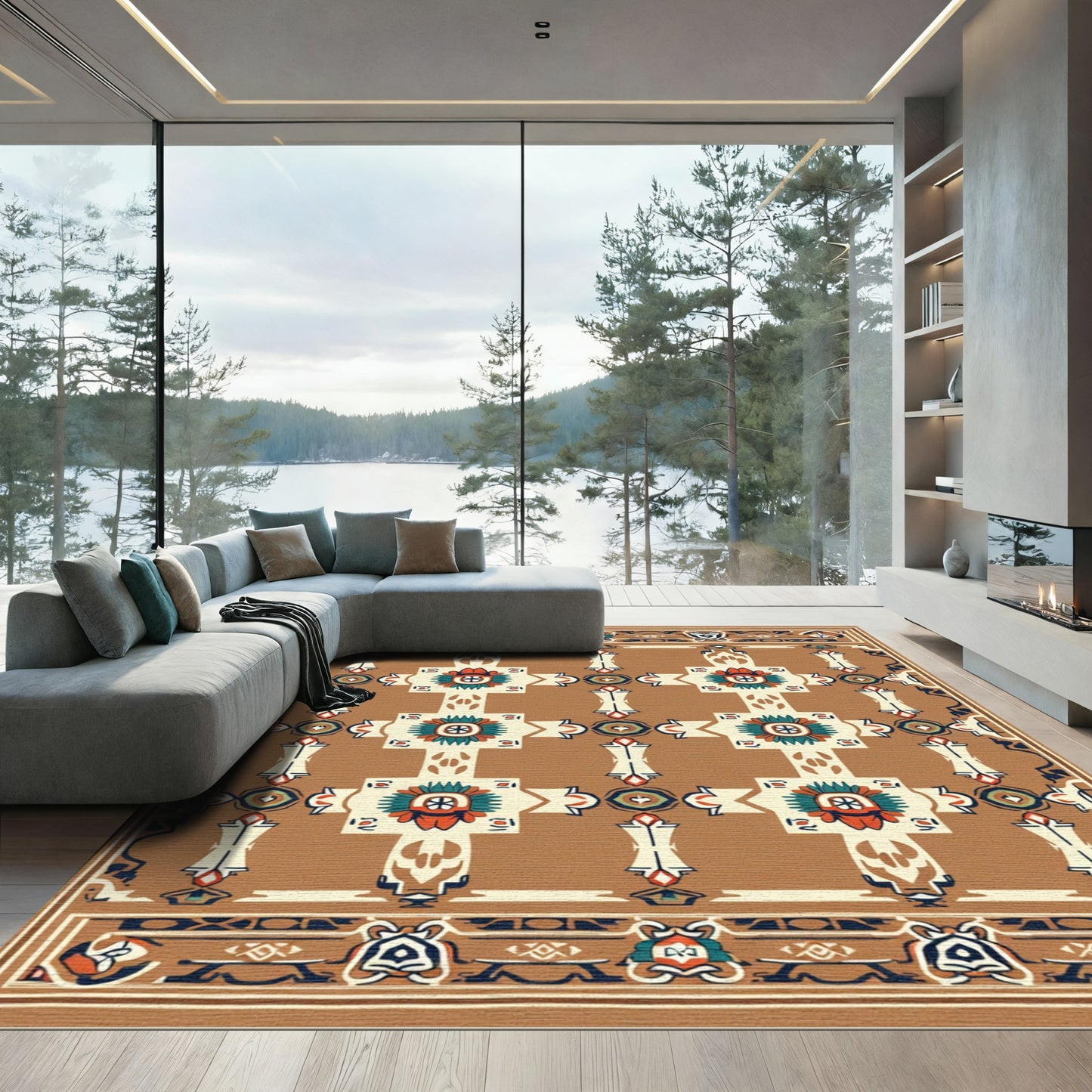 Brown Orange Floral Geometric Border Rug