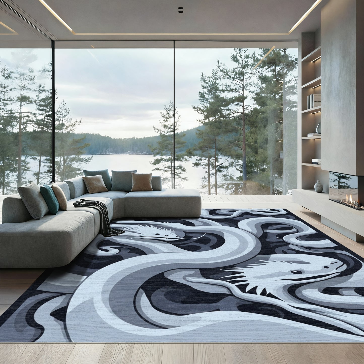 Monochromatic Dragon Swirls Rug