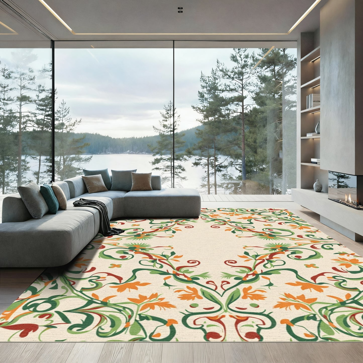 Terracotta Green Orange Floral Swirls Rug