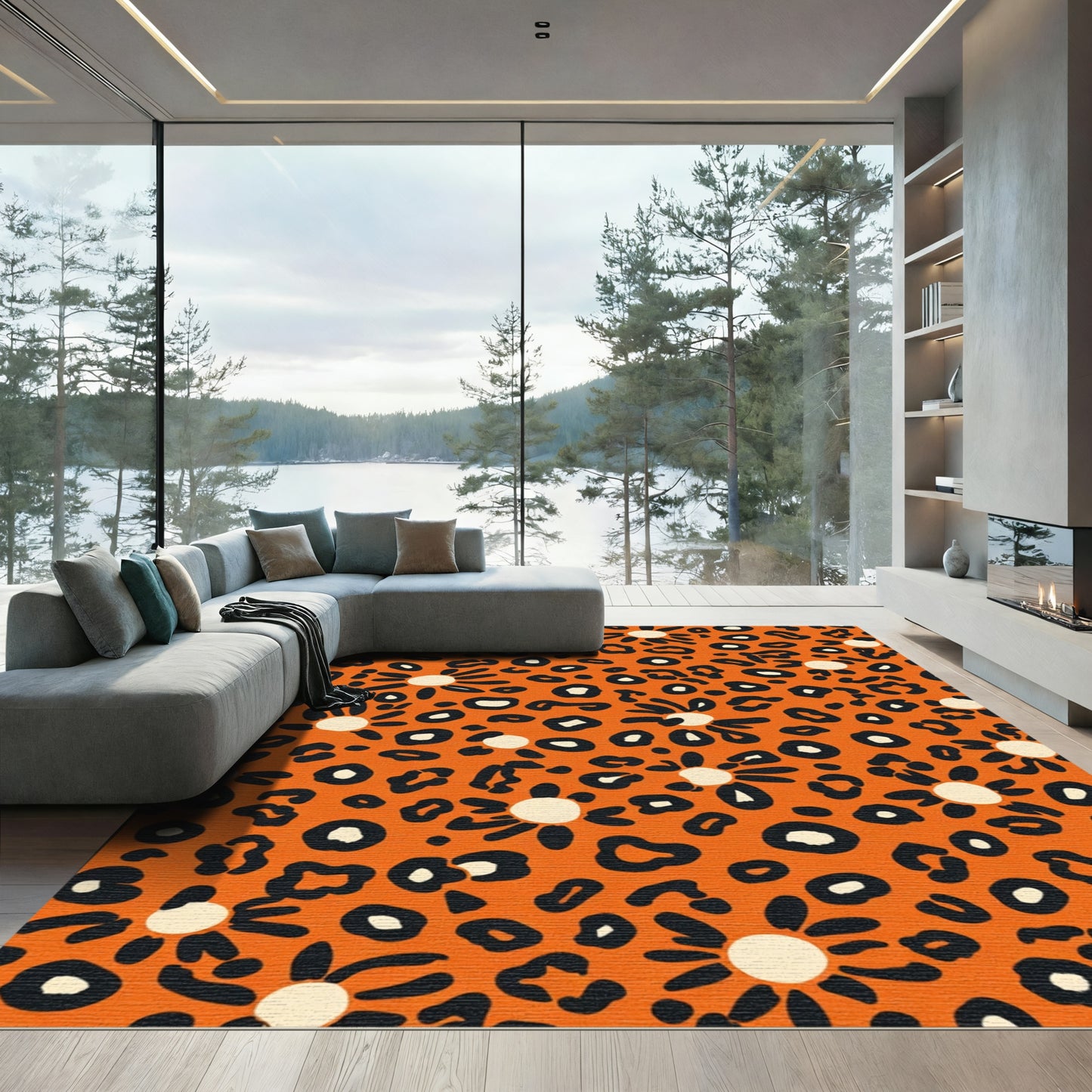 Orange Leopard Daisy Collage Rug
