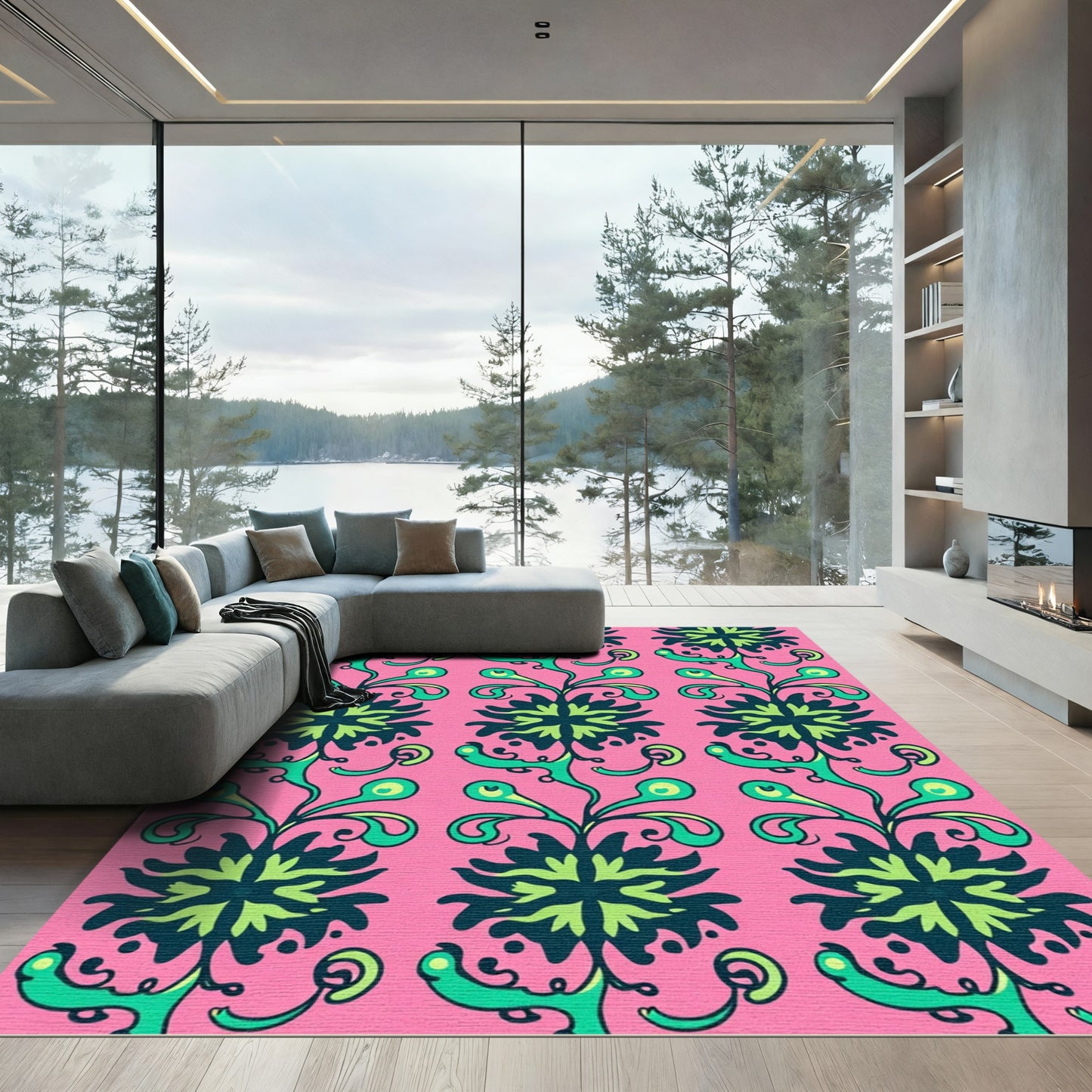 Pink Tropical Floral Swirl Rug