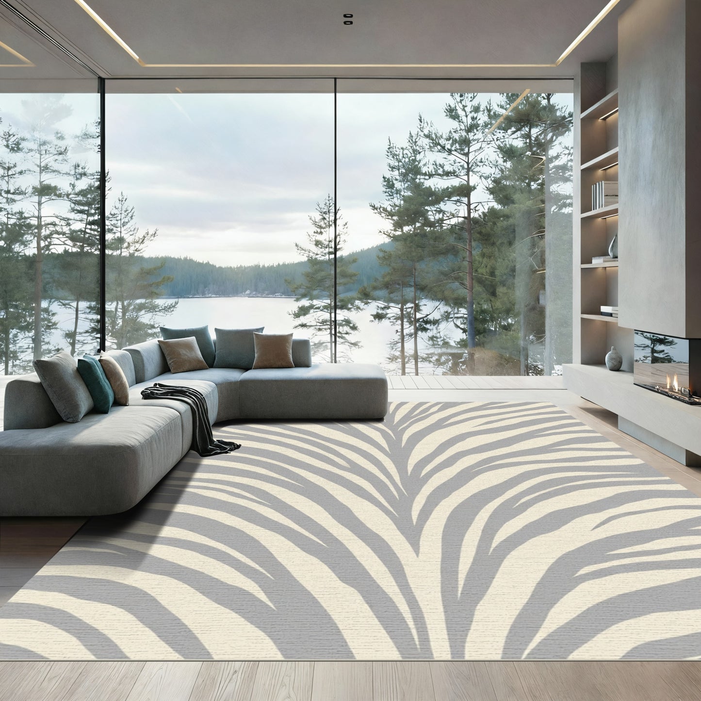 Cream Gray Abstract Zebra Stripe Rug